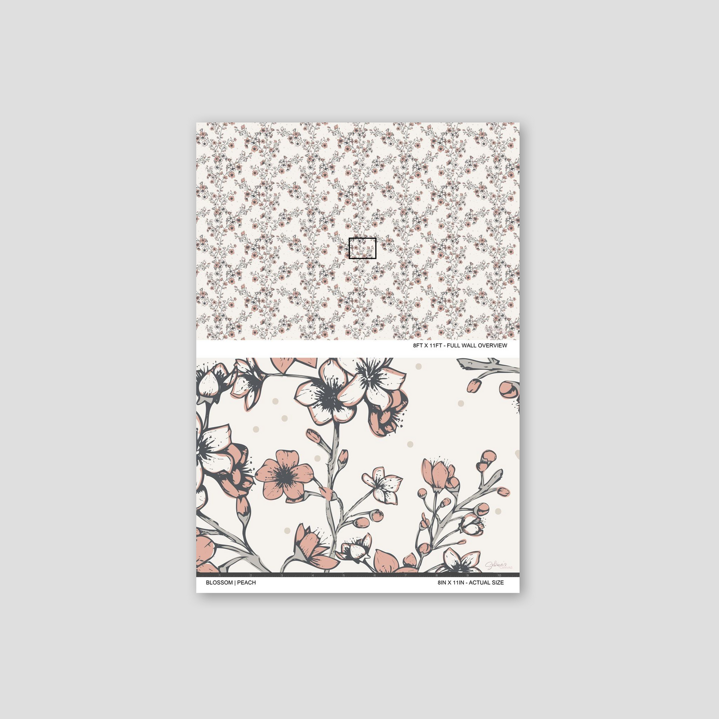 Blossom Whisper Peach wallpaper sample showing the full wall scale and an actual-size view of the floral design.