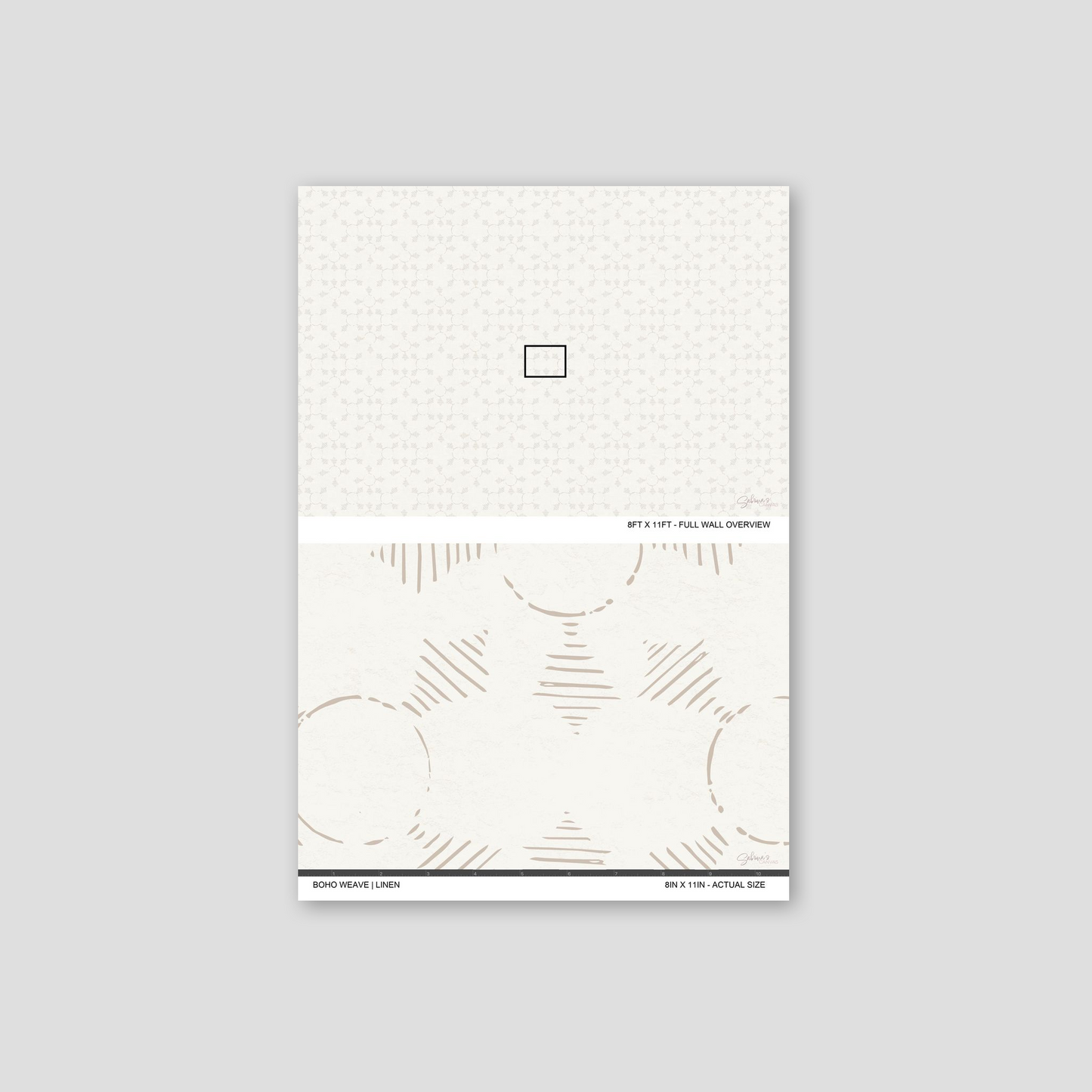 Boho Weave Linen wallpaper sample showing full wall scale and an actual-size view of the geometric design.