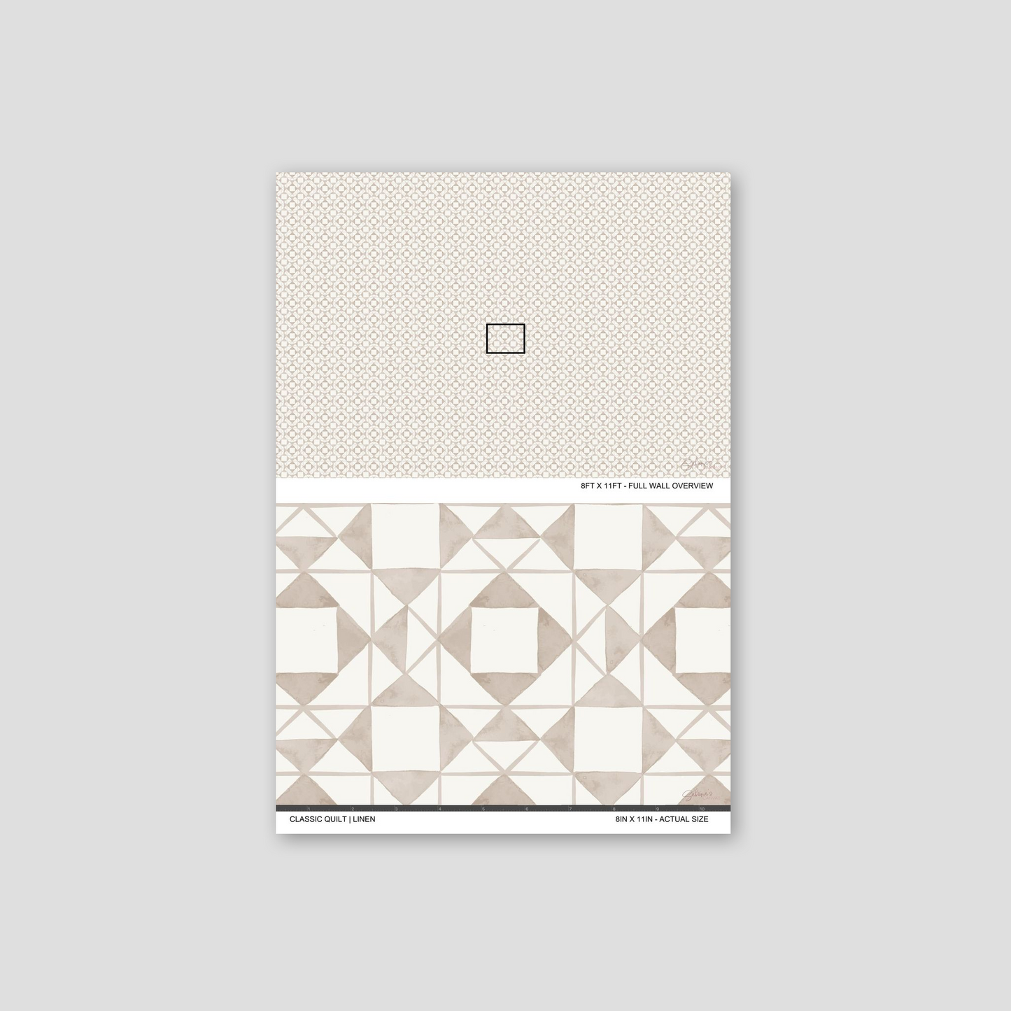 Classic Quilt Linen wallpaper sample showing full wall scale and an actual-size view of the geometric design.