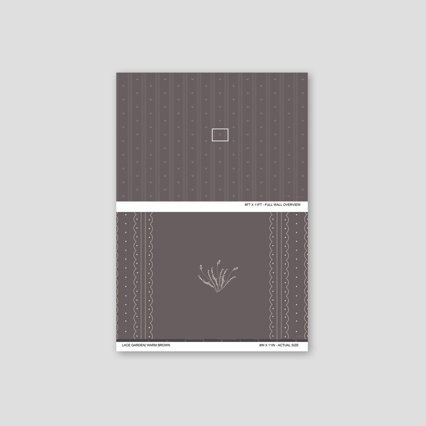 Lace Garden Warm Brown wallpaper sample showing full wall scale and an actual-size view of the delicate striped design.
