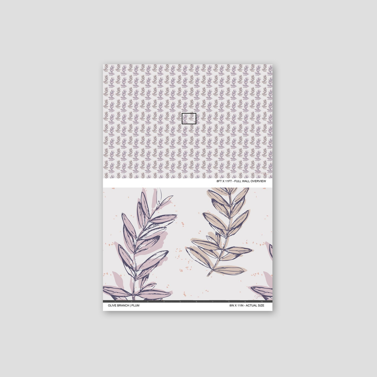 Olive Branch Plum wallpaper sample showing full wall scale and an actual-size view of the leafy botanical design.