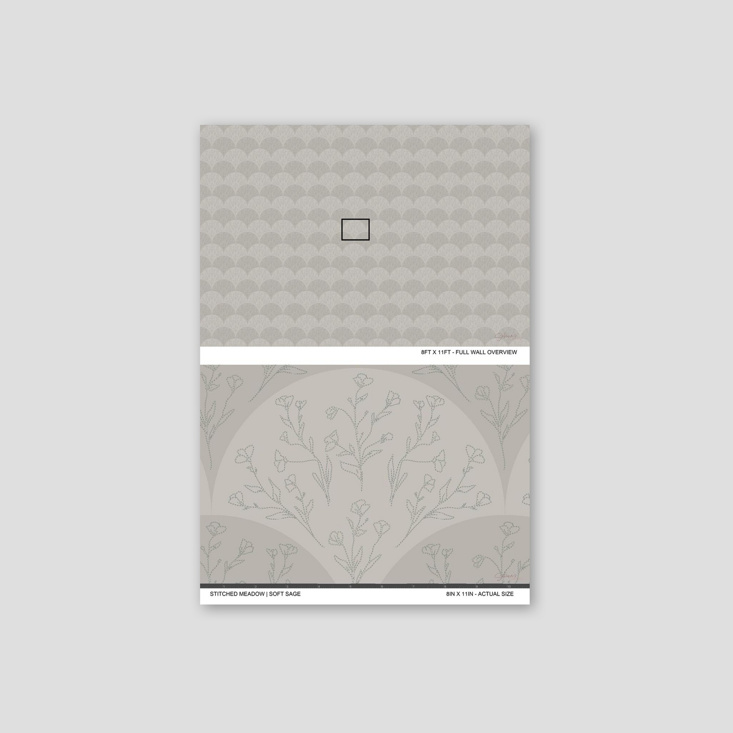 Soft sage floral fan wallpaper sample showing full wall scale and an actual-size view of the botanical pattern.