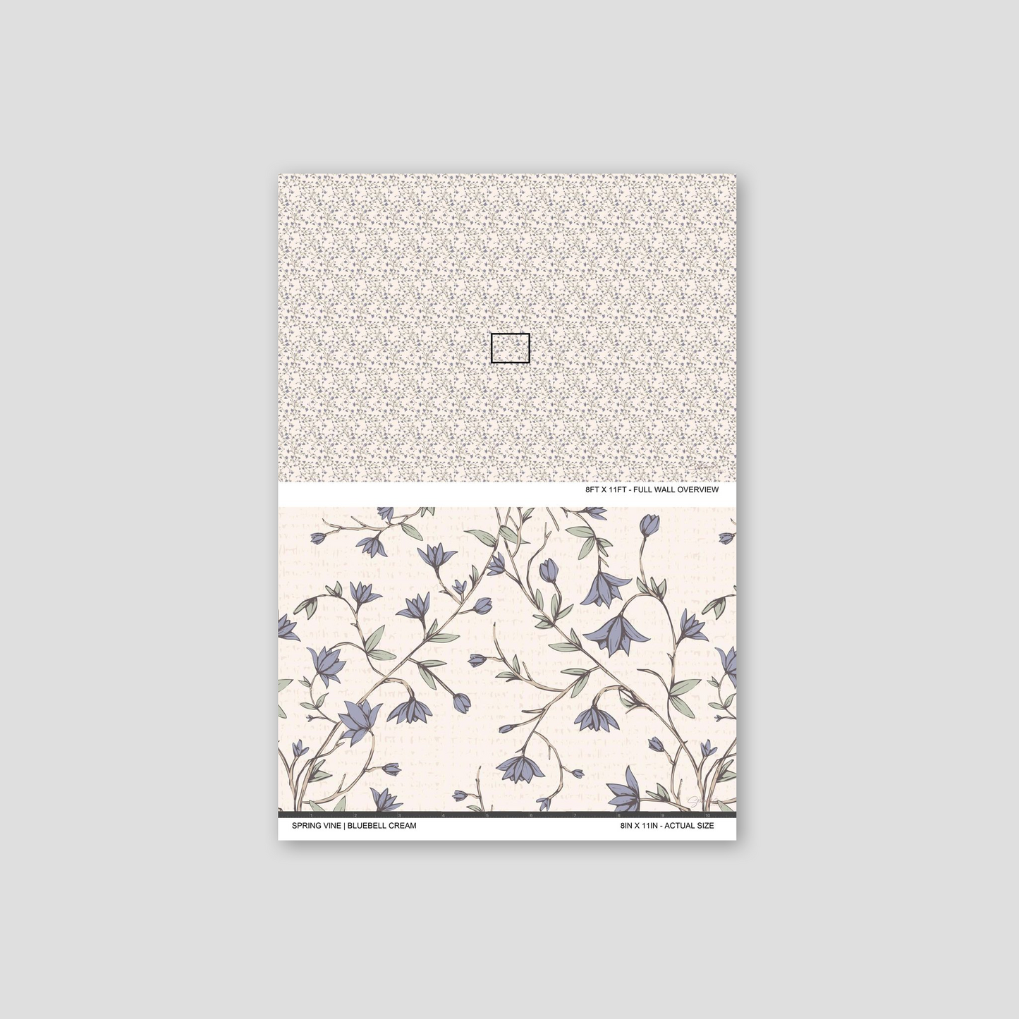 Spring Vine Bluebell Cream wallpaper sample showing the full wall scale and an actual-size view of the blue floral vine design.