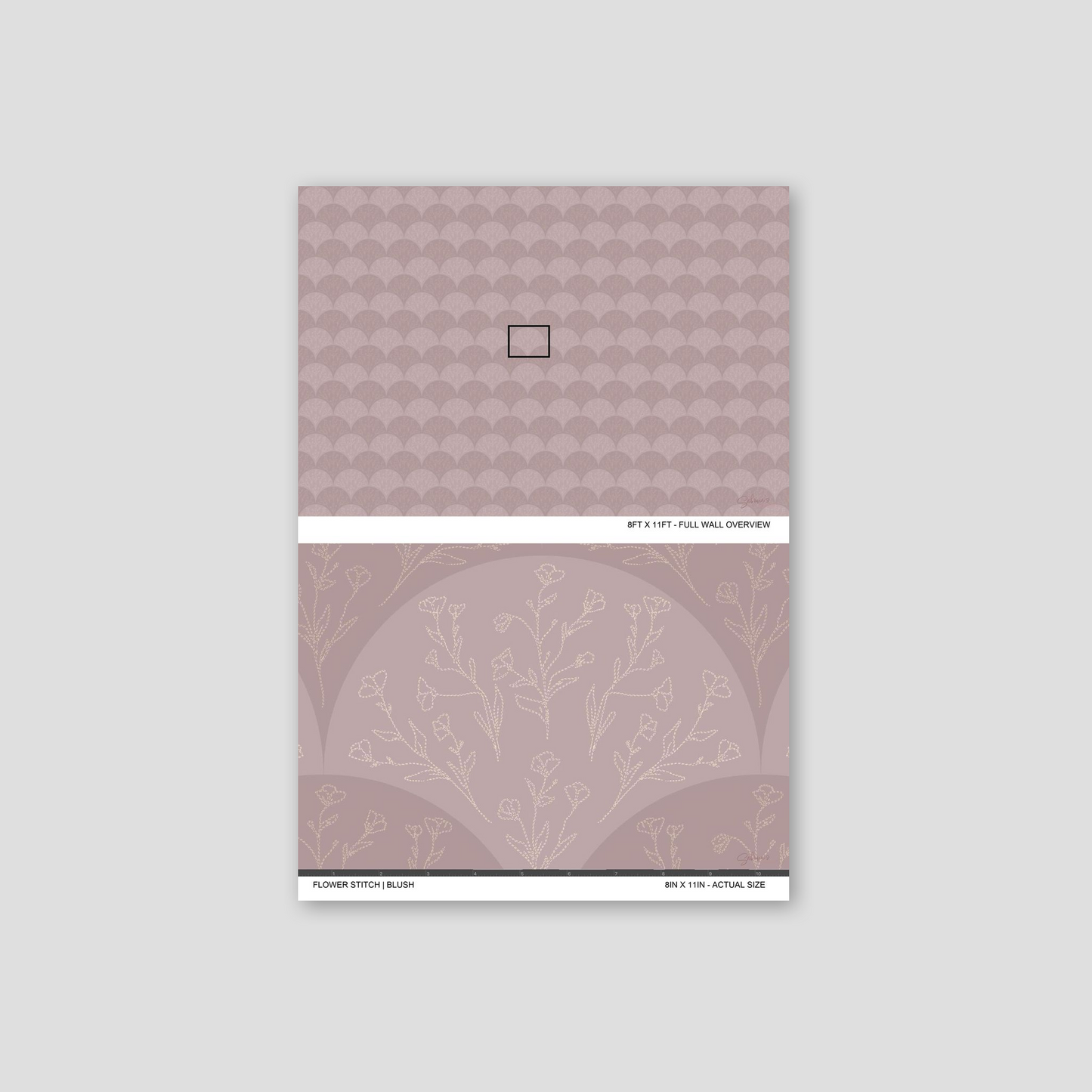 Stitched Meadow Blush wallpaper sample showing full wall scale and an actual-size view of the floral pattern.