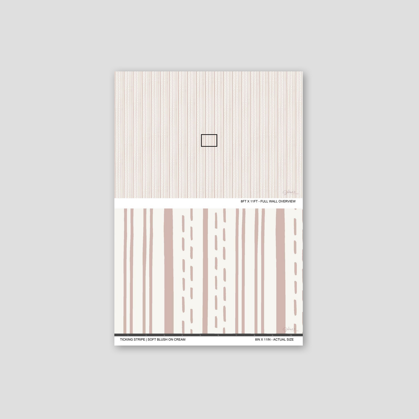Ticking Stripe Soft Blush on Cream wallpaper sample showing full wall scale and an actual-size view of the striped design.