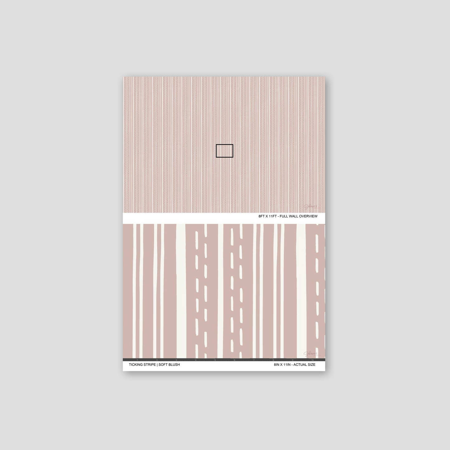 Ticking Stripe Soft Blush wallpaper sample showing full wall scale and an actual-size view of the striped design.