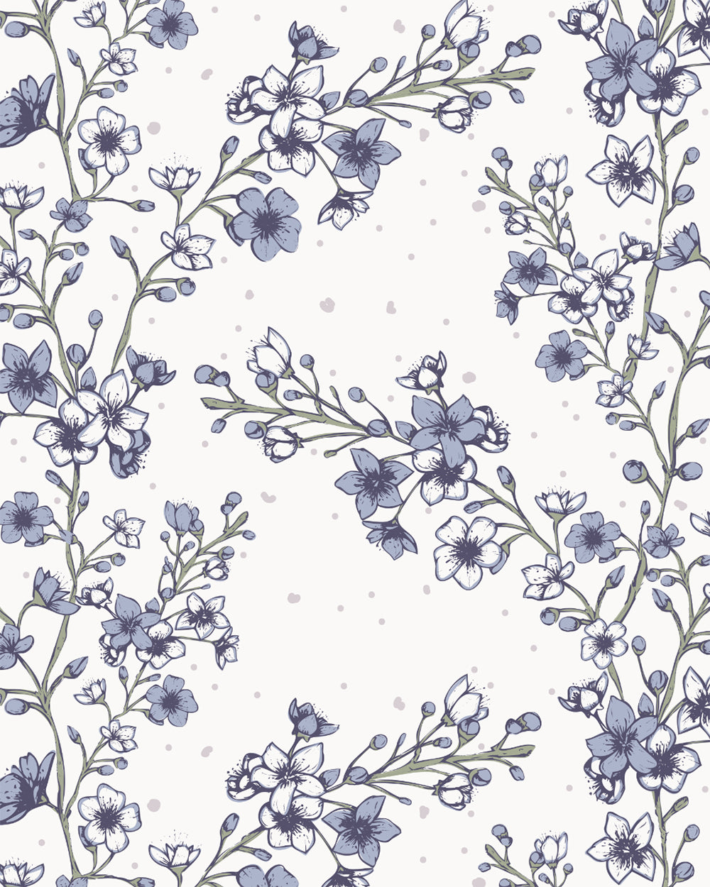 Blossom Whisper Dusty Blue wallpaper with delicate hand-drawn flowering branches and softly scattered botanical details.