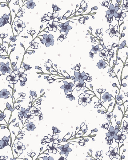 Blossom Whisper Dusty Blue wallpaper with delicate hand-drawn flowering branches and softly scattered botanical details.
