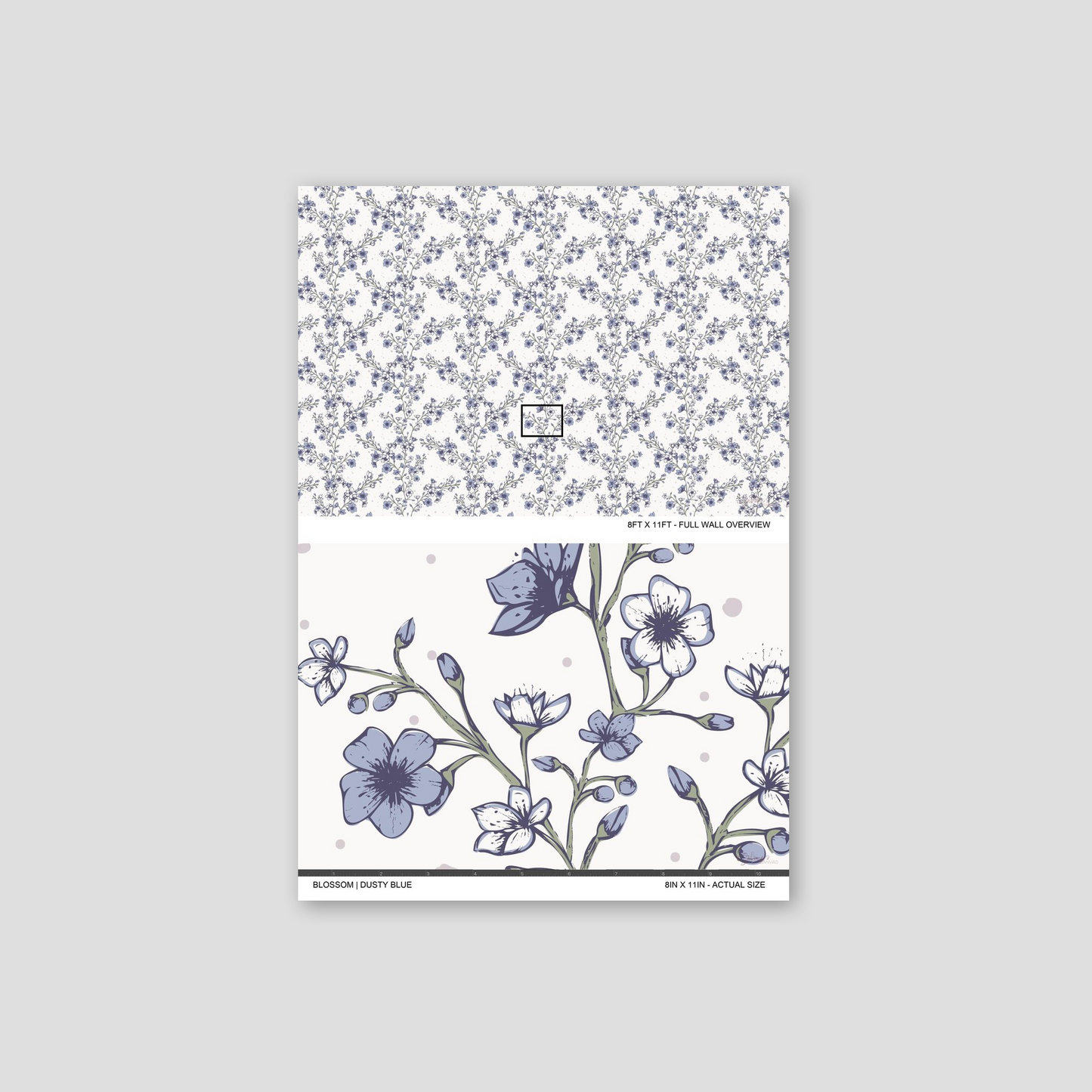 Blossom Whisper Dusty Blue wallpaper sample showing the full wall scale and an actual-size view of the floral design.
