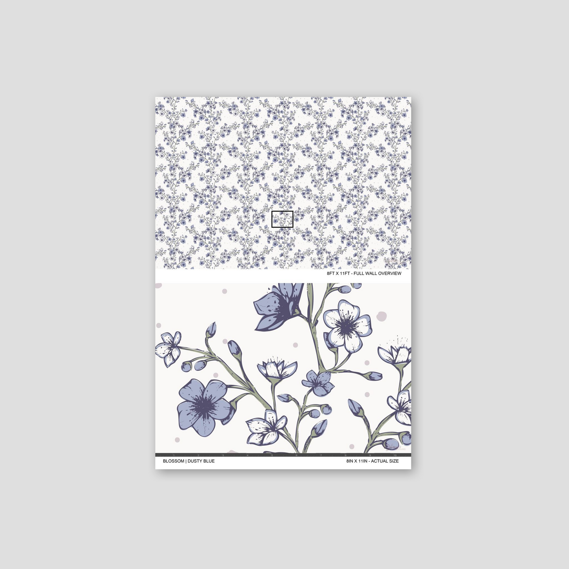 Blossom Whisper Dusty Blue wallpaper sample showing the full wall scale and an actual-size view of the floral design.