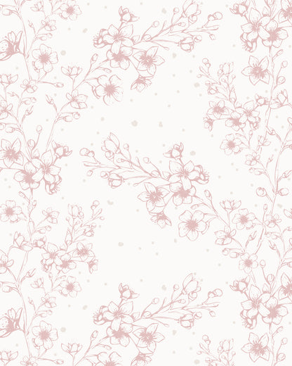 Blossom Whisper Dusty Rose wallpaper with delicate hand-drawn flowering branches and softly scattered details.
