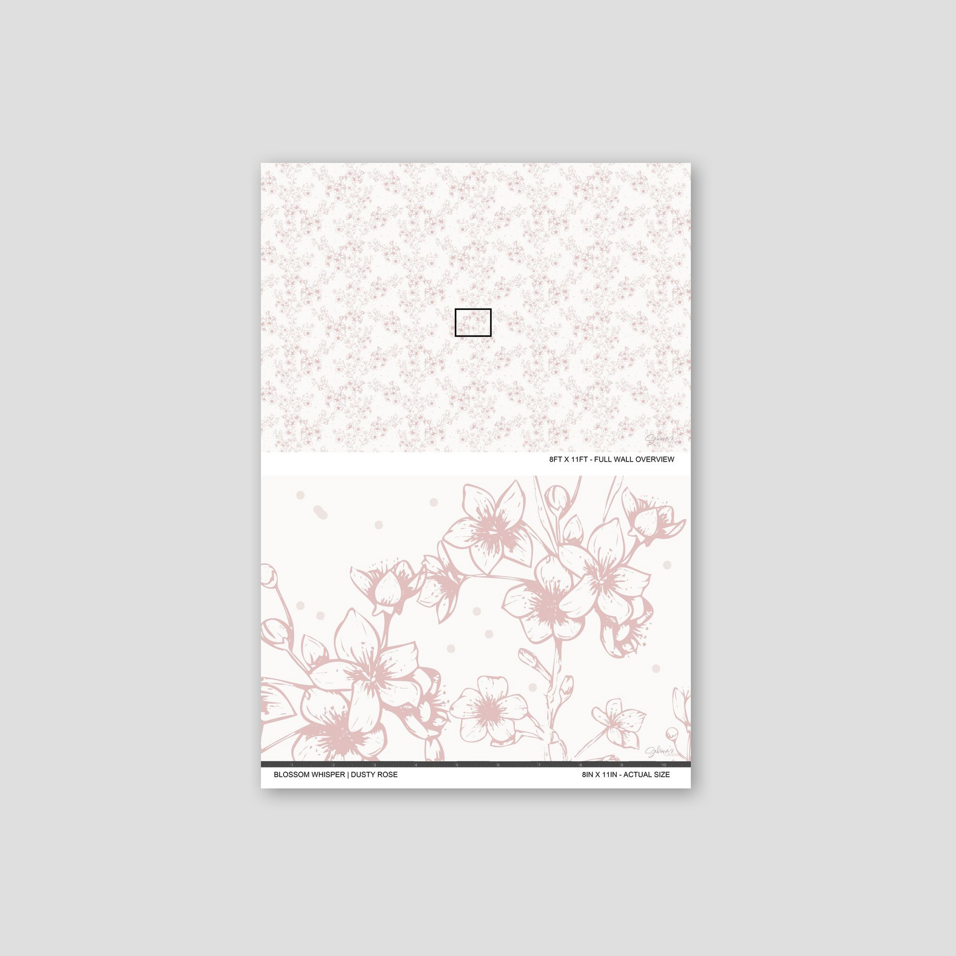 Blossom Whisper Dusty Rose wallpaper sample showing the full wall scale and an actual-size view of the floral design.