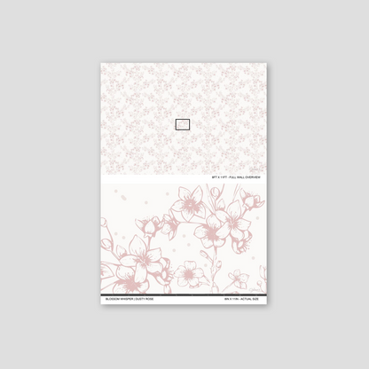 Blossom Whisper Dusty Rose wallpaper sample showing the full wall scale and an actual-size view of the floral design.