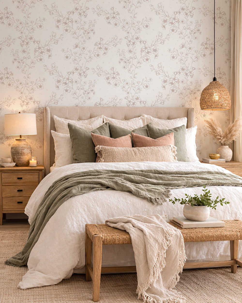 Blossom Whisper Linen floral wallpaper in a warm bedroom with cream bedding, wood furniture and soft sage accents.