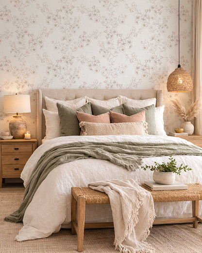 Blossom Whisper Linen floral wallpaper in a warm bedroom with cream bedding, wood furniture and soft sage accents.