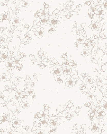 Blossom Whisper Linen wallpaper with delicate hand-drawn flowering branches and softly scattered botanical details.