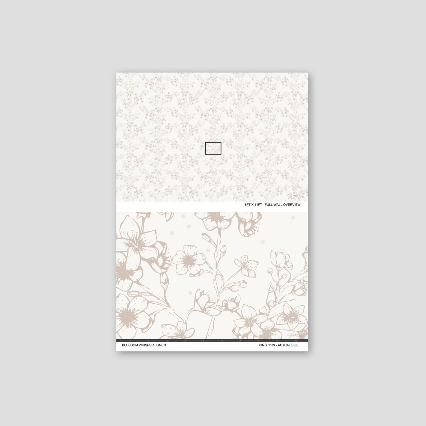Blossom Whisper Linen wallpaper sample showing the full wall scale and an actual-size view of the floral design.