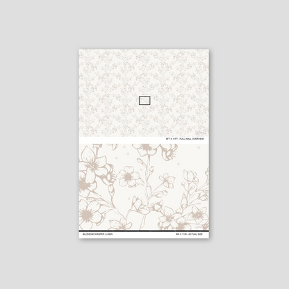 Blossom Whisper Linen wallpaper sample showing the full wall scale and an actual-size view of the floral design.