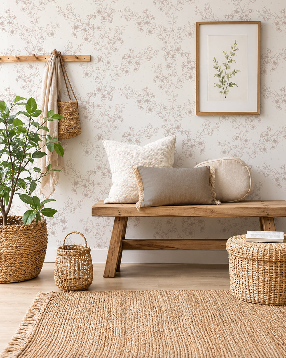 Blossom Whisper Linen floral wallpaper behind a wooden bench with cream cushions, woven baskets and leafy greenery.