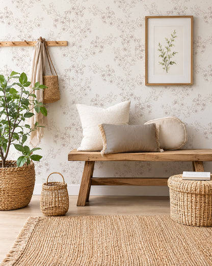 Blossom Whisper Linen floral wallpaper behind a wooden bench with cream cushions, woven baskets and leafy greenery.
