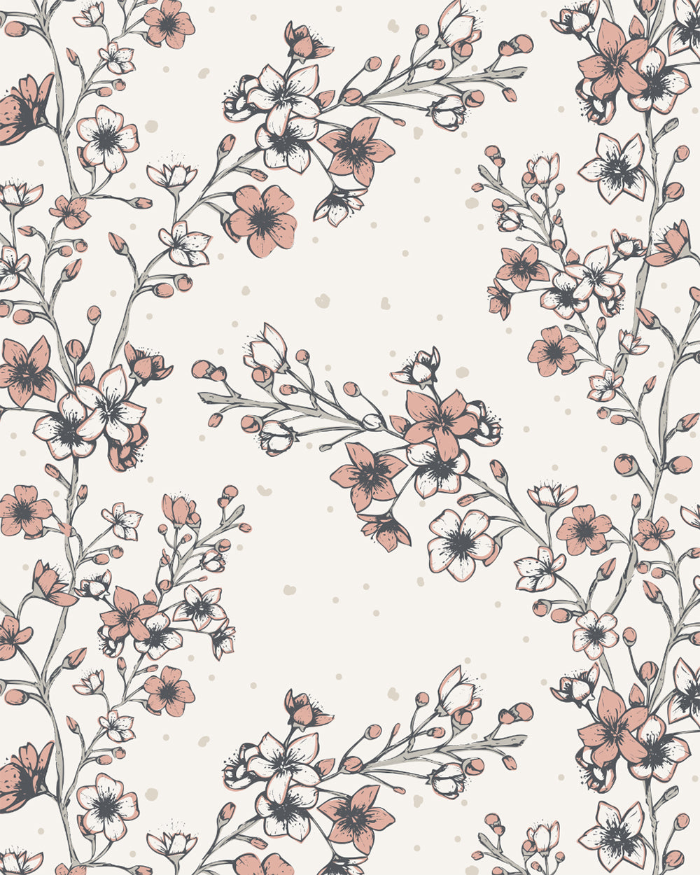 Blossom Whisper Peach wallpaper with hand-drawn flowering branches, peach blossoms and softly scattered botanical details.