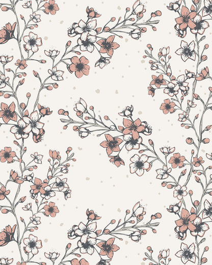 Blossom Whisper Peach wallpaper with hand-drawn flowering branches, peach blossoms and softly scattered botanical details.