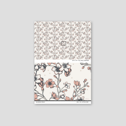 Blossom Whisper Peach wallpaper sample showing the full wall scale and an actual-size view of the floral design.