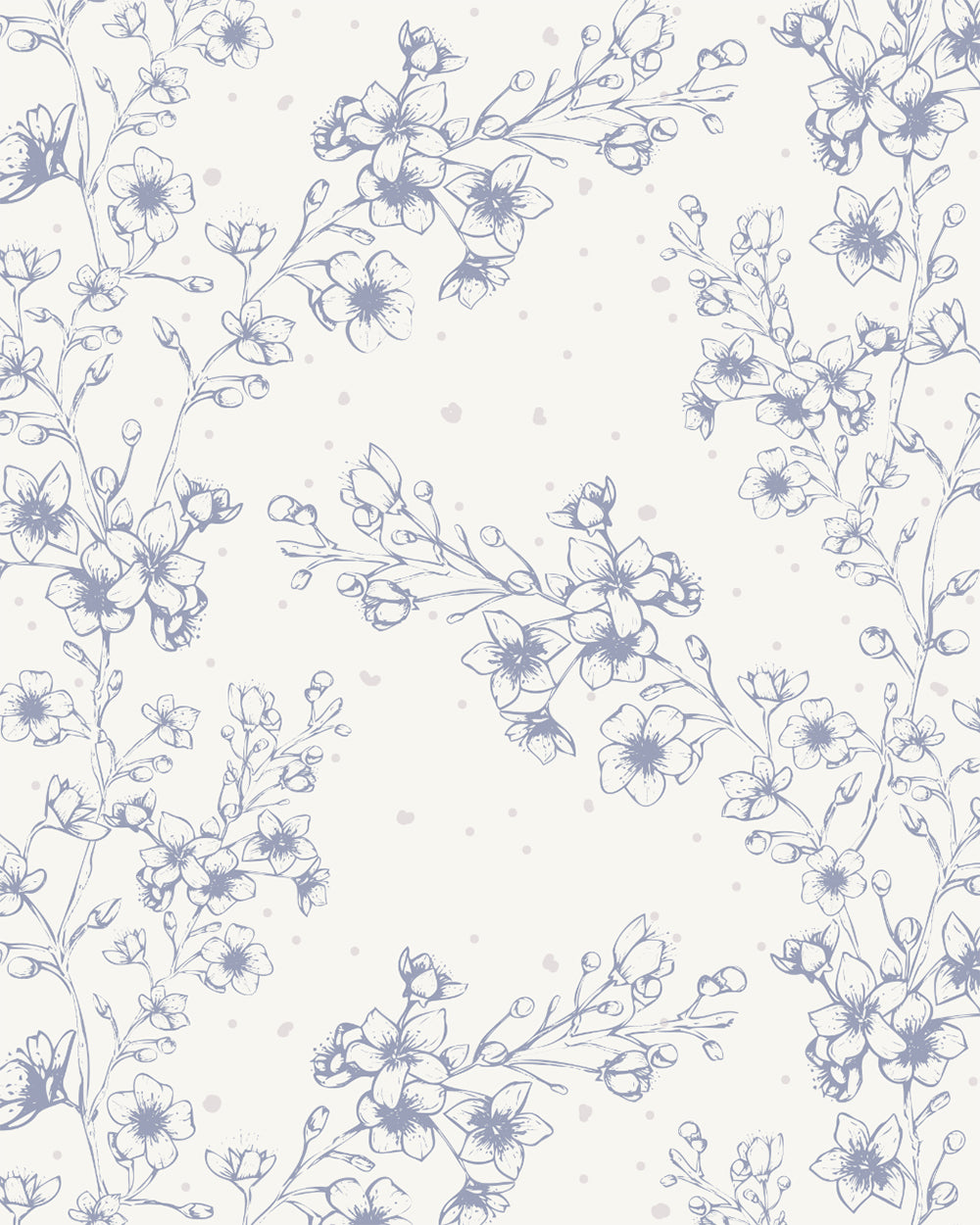 Blossom Whisper Periwinkle wallpaper with delicate hand-drawn flowering branches and softly scattered botanical details.