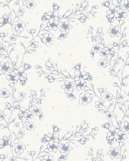 Blossom Whisper Periwinkle wallpaper with delicate hand-drawn flowering branches and softly scattered botanical details.