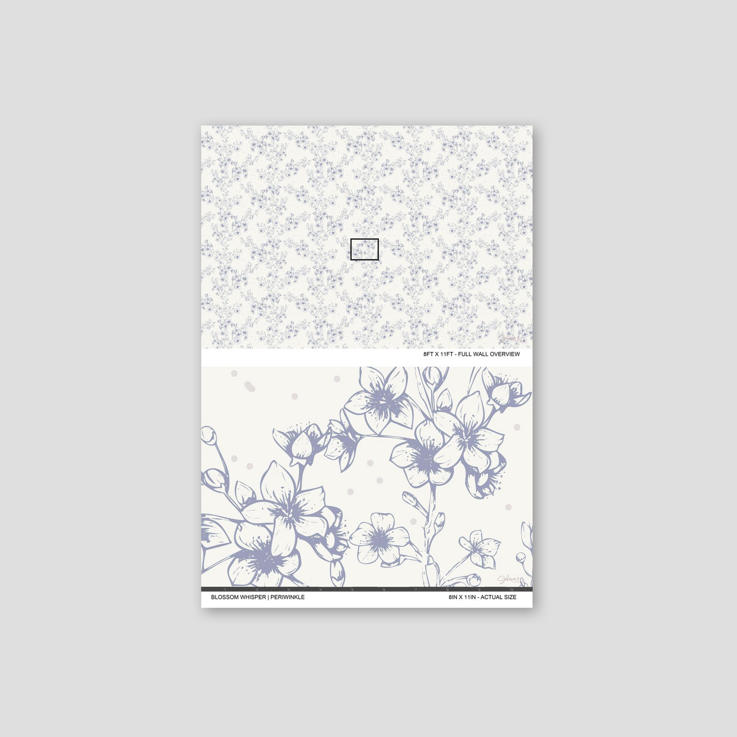 Blossom Whisper Periwinkle wallpaper sample showing the full wall scale and an actual-size view of the floral design.