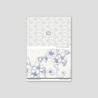 Blossom Whisper Periwinkle wallpaper sample showing the full wall scale and an actual-size view of the floral design.