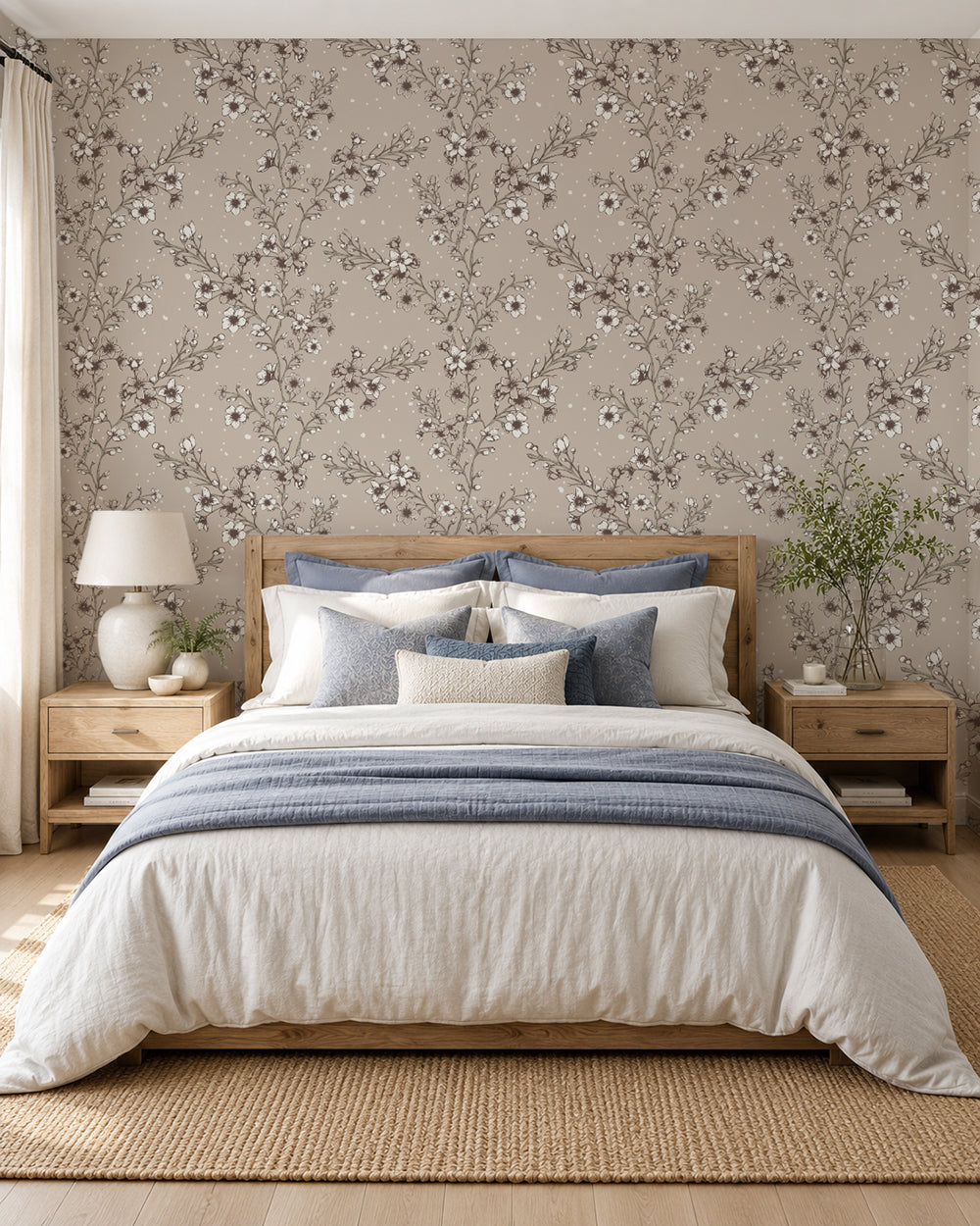 Blossom Whisper Soft Brown floral wallpaper in a warm bedroom with wood furniture, cream bedding and dusty blue accents.