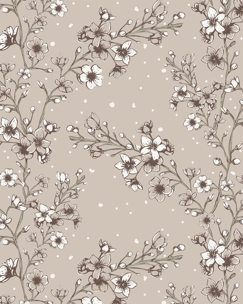 Blossom Whisper Soft Brown wallpaper with hand-drawn flowering branches, cream blossoms and scattered dotted details.