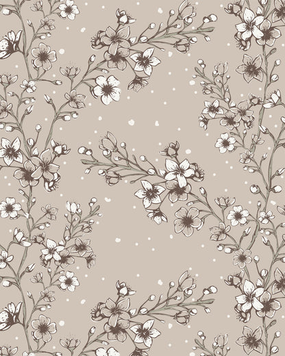 Blossom Whisper Soft Brown wallpaper with hand-drawn flowering branches, cream blossoms and scattered dotted details.