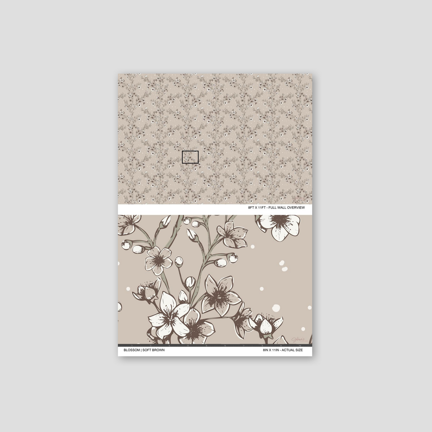 Blossom Whisper Soft Brown wallpaper sample showing the full wall scale and an actual-size view of the floral design.