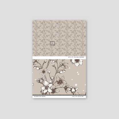 Blossom Whisper Soft Brown wallpaper sample showing the full wall scale and an actual-size view of the floral design.