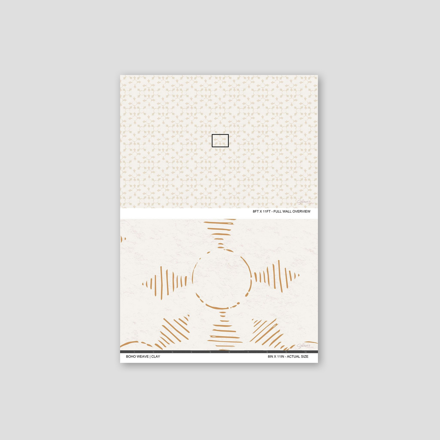Boho Weave Clay wallpaper sample showing full wall scale and an actual-size view of the geometric design.