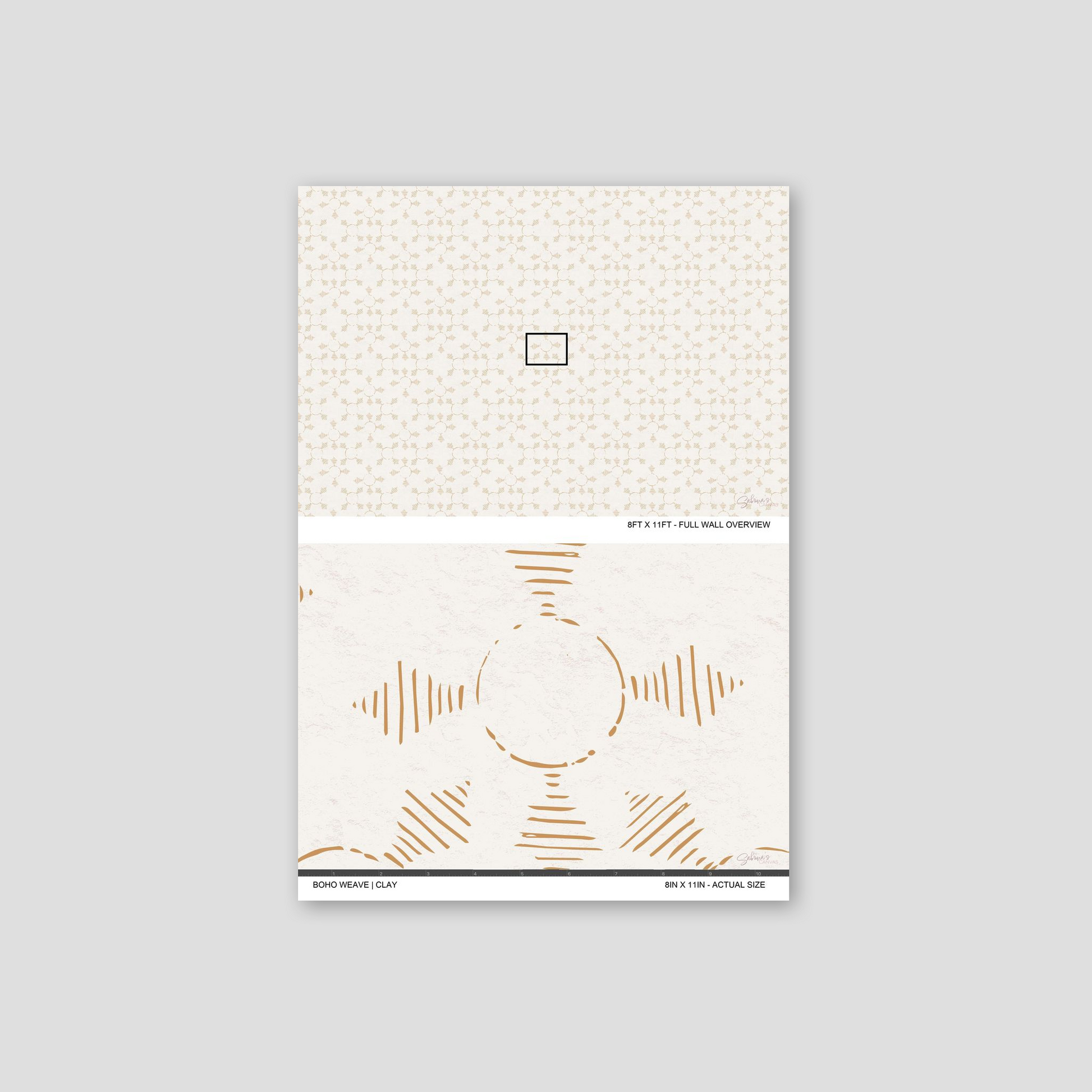 Boho Weave Clay wallpaper sample showing full wall scale and an actual-size view of the geometric design.