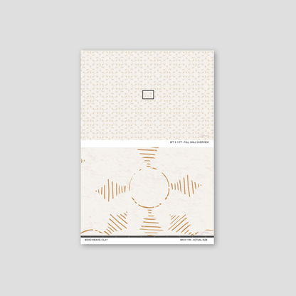 Boho Weave Clay wallpaper sample showing full wall scale and an actual-size view of the geometric design.