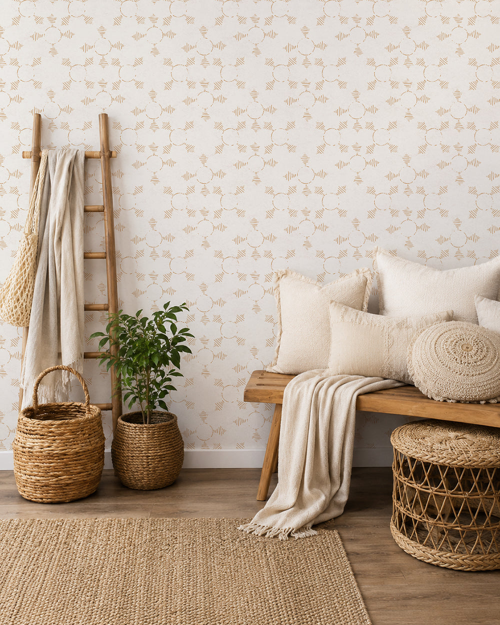 Boho Weave Clay wallpaper in a cozy sitting nook with a wood bench, cream cushions and woven accents.