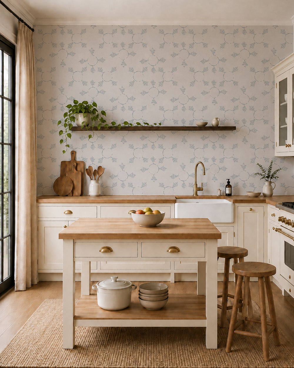 Boho Weave Dusty Blue wallpaper in a bright kitchen with cream cabinets, wood accents and a leafy plant.