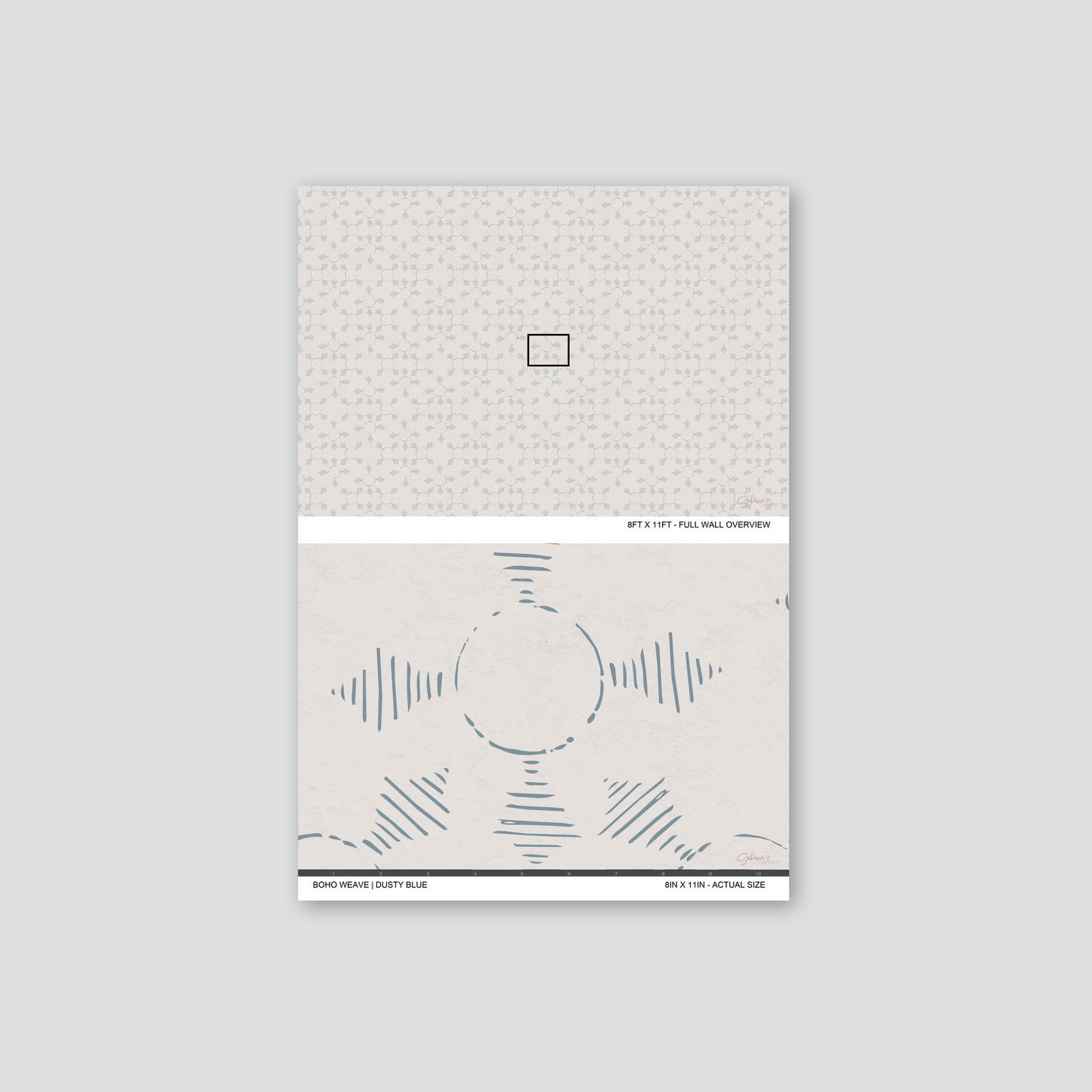 Boho Weave Dusty Blue wallpaper sample showing full wall scale and an actual-size view of the geometric design.