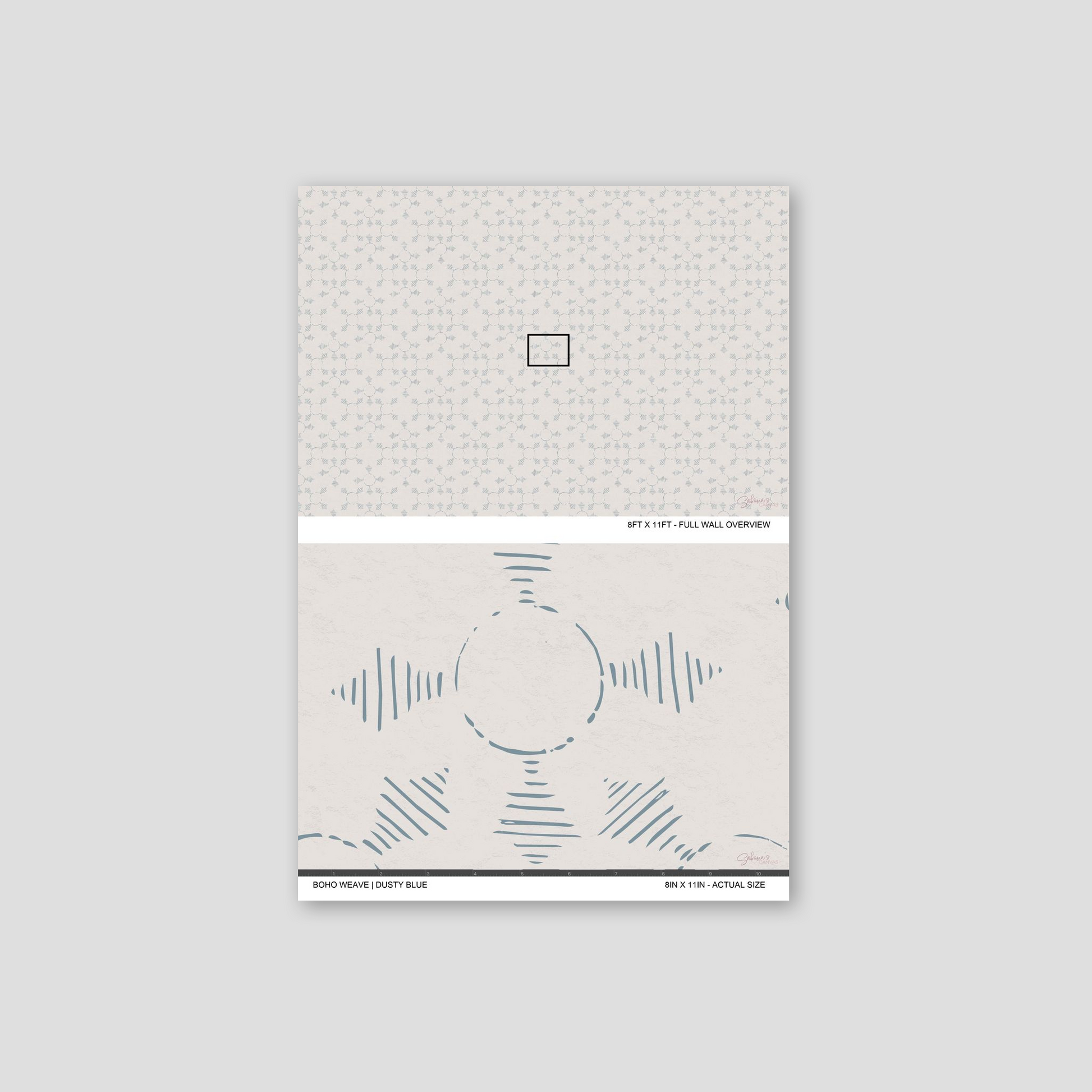 Boho Weave Dusty Blue wallpaper sample showing full wall scale and an actual-size view of the geometric design.