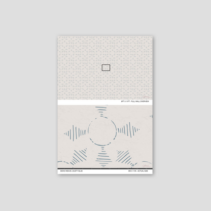 Boho Weave Dusty Blue wallpaper sample showing full wall scale and an actual-size view of the geometric design.