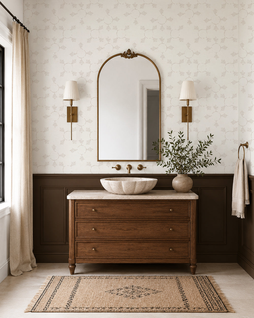 Boho Weave Linen wallpaper in a warm bathroom with a wood vanity, dark wainscoting and brass accents.