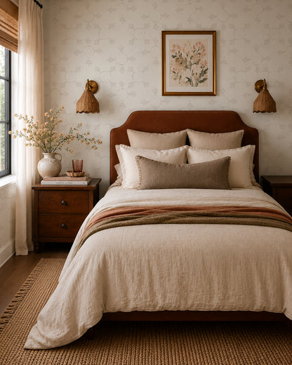Boho Weave Linen wallpaper in a cozy bedroom with a rust headboard, cream bedding and dark wood furniture.
