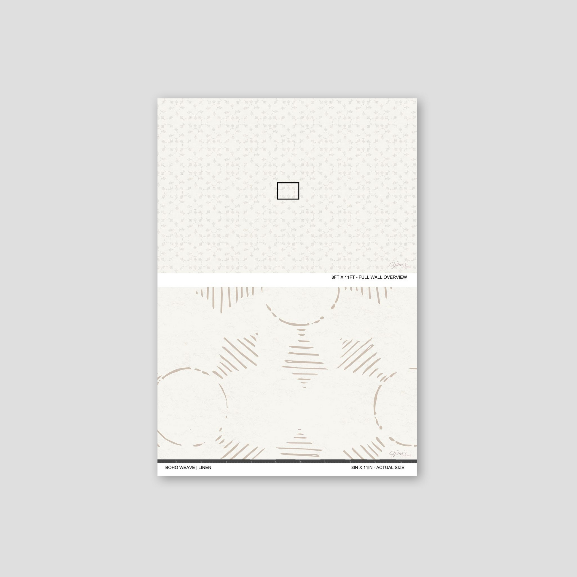 Boho Weave Linen wallpaper sample showing full wall scale and an actual-size view of the geometric design.
