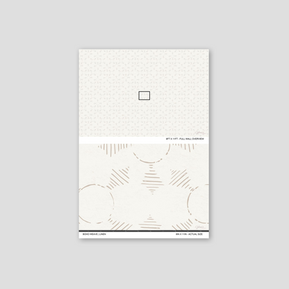 Boho Weave Linen wallpaper sample showing full wall scale and an actual-size view of the geometric design.