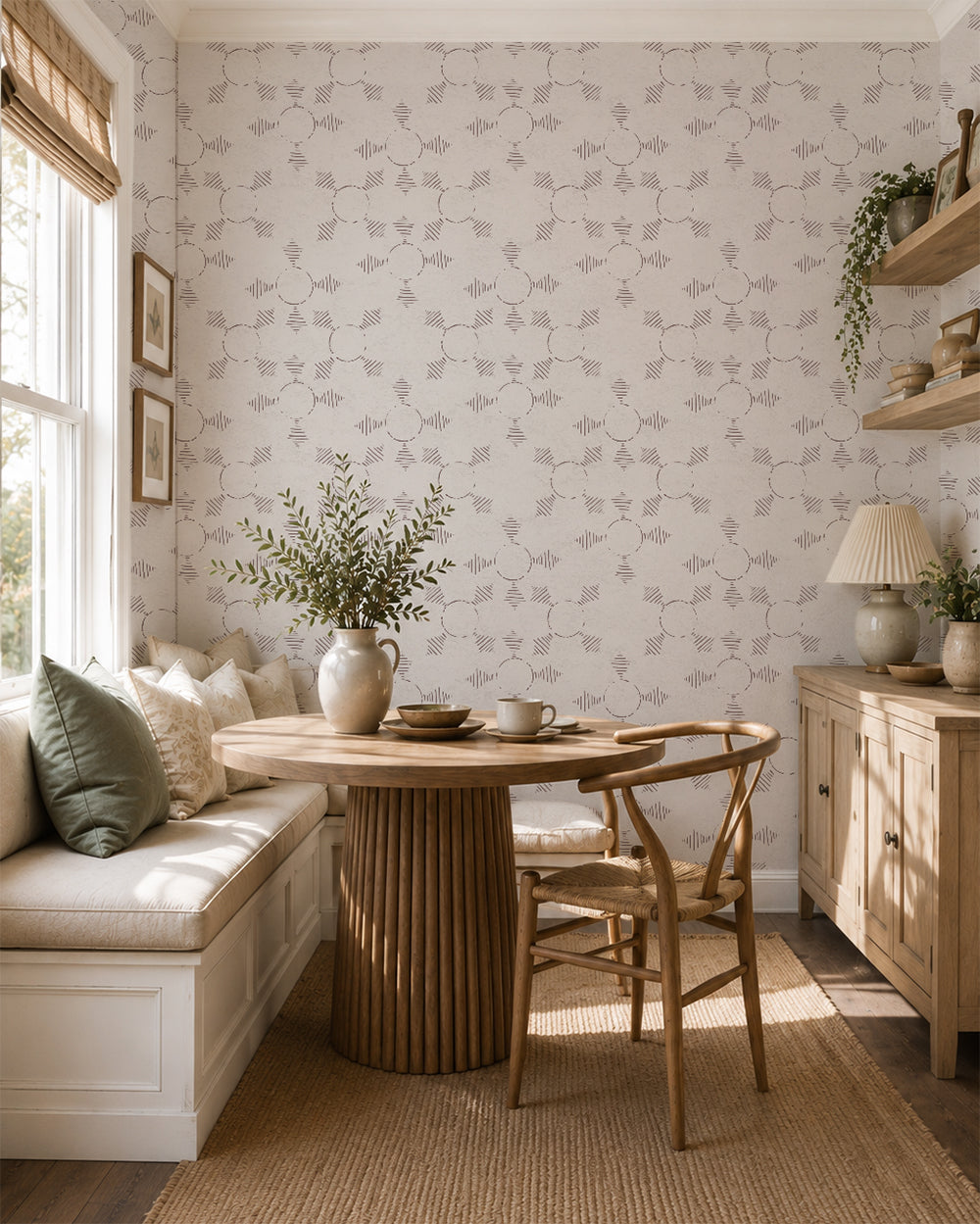 Boho Weave Soft Brown wallpaper in a cozy dining nook with built-in seating, wood furniture and natural accents.