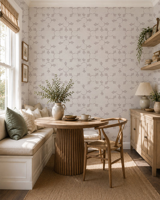 Boho Weave Soft Brown wallpaper in a cozy dining nook with built-in seating, wood furniture and natural accents.